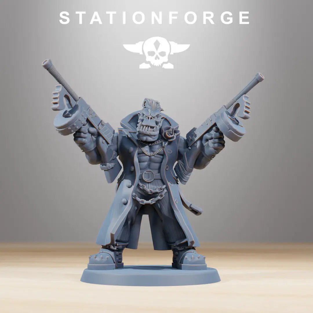 3D printed Orkaz Mobsta model by StationForge for Last Hope Miniatures, featuring detailed orc warrior design with intricate armor and weapons.