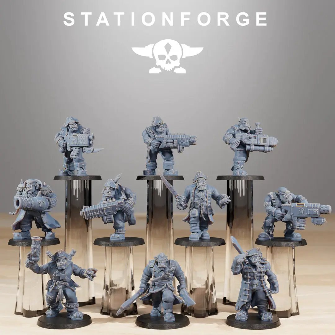 Three 3D printed Orkaz Pirates miniatures by StationForge, detailed models from Last Hope Miniatures in dynamic poses.