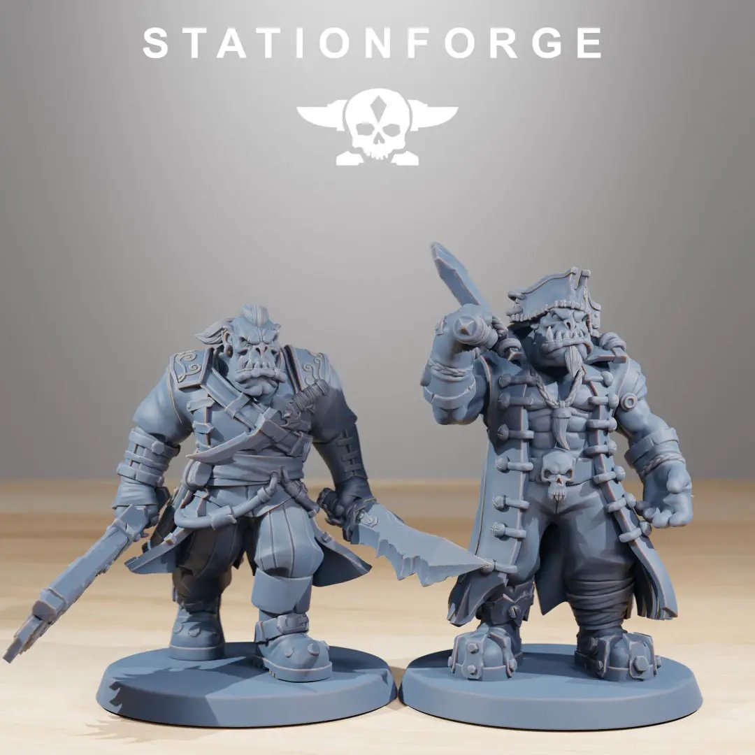 Set of 10 3D printed Orkaz Pirates miniatures by StationForge for Last Hope Miniatures, featuring detailed pirate models on a neutral background.
