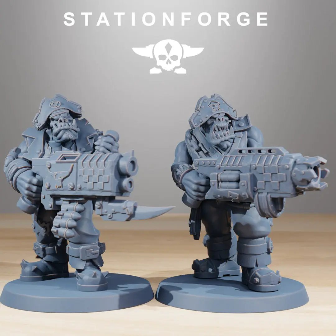 Ten 3D printed Orkaz Pirates miniatures by StationForge, detailed models from Last Hope Miniatures for tabletop gaming.