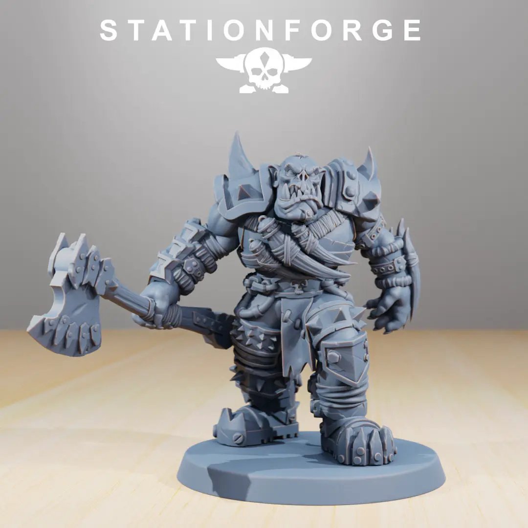 3D printed Orkaz Strappaz model by Last Hope Miniatures, featuring detailed orc warrior with armor and weaponry from StationForge Miniatures.