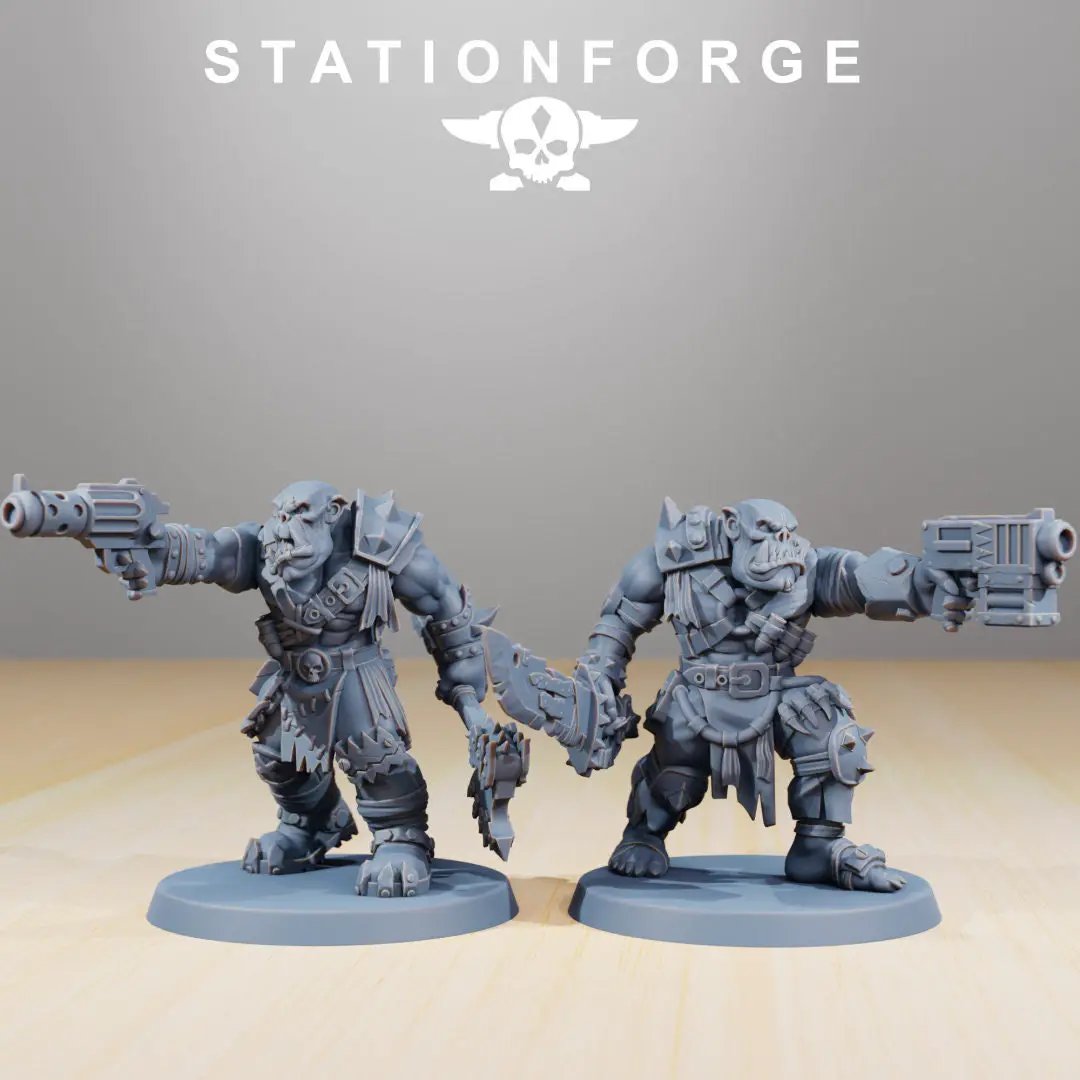 3D printed Orkaz Strappaz model by Last Hope Miniatures, part of StationForge Miniatures, showing detailed miniature figures.