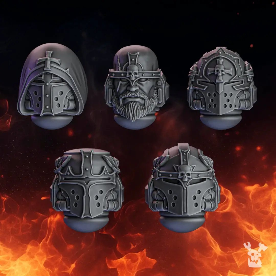Set of ten 3D printed Pactum Aeternum Crusader Heads models by Last Hope Miniatures, featuring detailed sci-fi helmet designs.