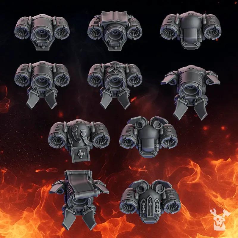 10 3D printed Pactum Aeternum Crusader jetpack models by Last Hope Miniatures, detailed with intricate design and futuristic armor.