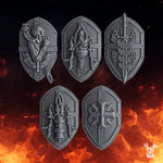 Set of 10 3D printed Pactum Aeternum Crusader Shields models by Last Hope Miniatures, featuring detailed medieval shield designs.