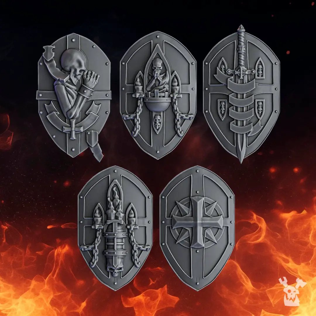 Set of 10 3D printed Pactum Aeternum Crusader Shields models by Last Hope Miniatures, featuring detailed medieval shield designs.