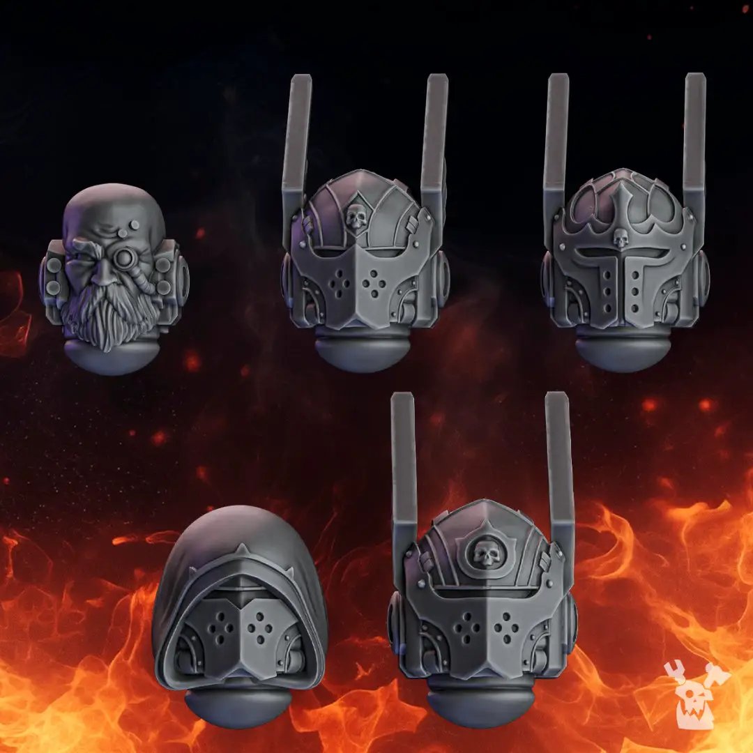 Ten 3D printed Pactum Aeternum knight heads miniatures by Last Hope Miniatures, featuring detailed fantasy warrior designs.