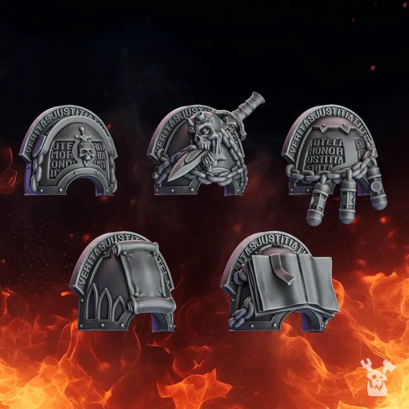 Set of ten 3D printed Pactum Aeternum Warden shoulder pads by Last Hope Miniatures, detailed model accessories for tabletop gaming.