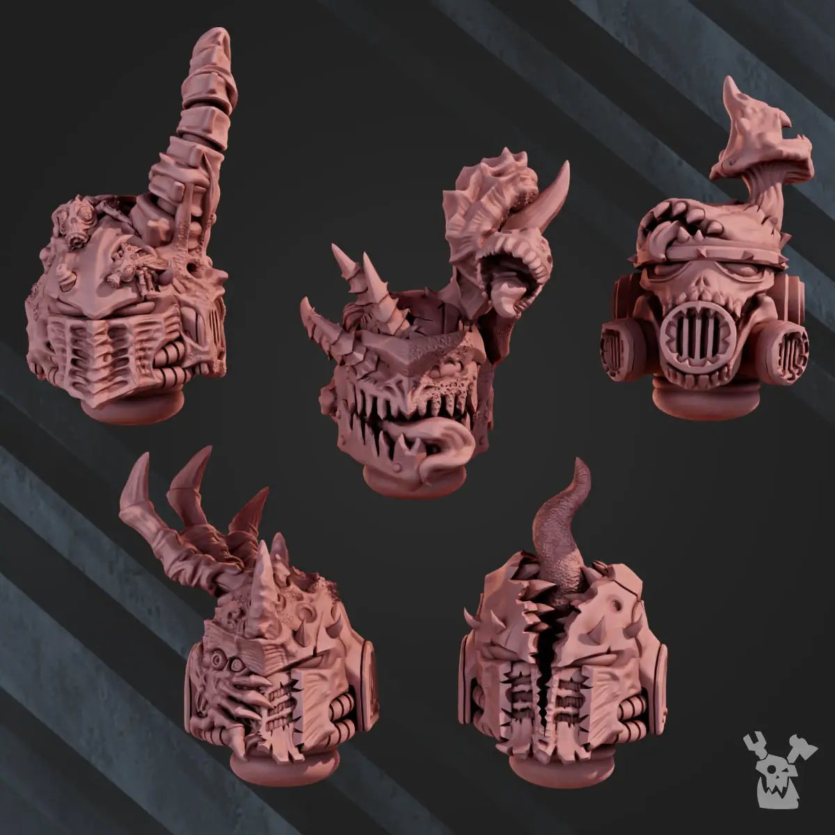 Set of 10 3D printed Pandemic helmets by Last Hope Miniatures for DakkaDakka Miniatures tabletop models.