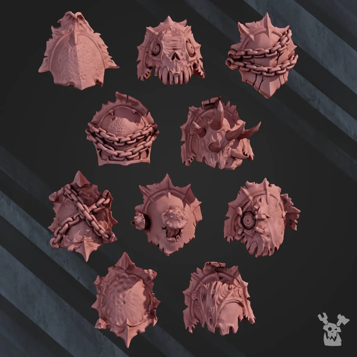 3D printed Pandemic Shoulderpads by DakkaDakka Miniatures, detailed model accessories for Last Hope Miniatures tabletop figures.