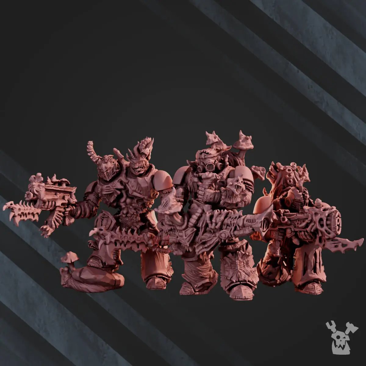 Five 3D printed Pandemic Warriors miniatures by Last Hope Miniatures, assembled models with detailed weapon and armor designs.