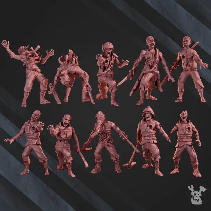 Set of 10 3D printed Pandemic Zombies Squad models by Last Hope Miniatures, detailed miniatures for tabletop gaming.
