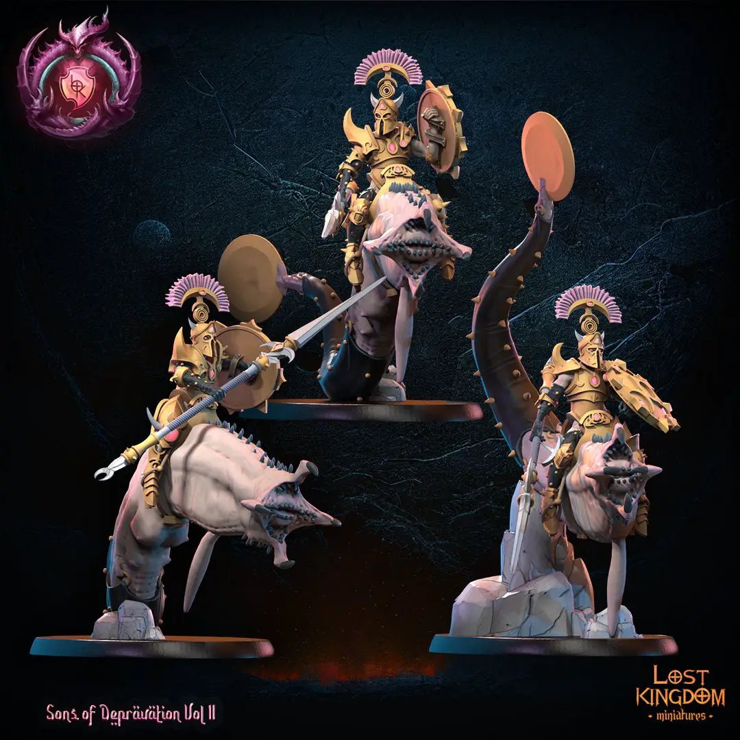 3D printed Perversion Knights Worm Riders model by Last Hope Miniatures, featuring detailed knight figures riding worm-like creatures.