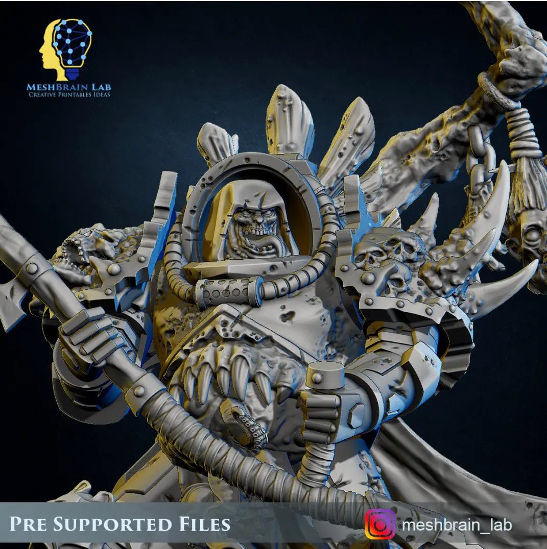 3D printed Plague Marine Lord of Pestilence model by Last Hope Miniatures, detailed miniature figure from Meshbrain Labs.