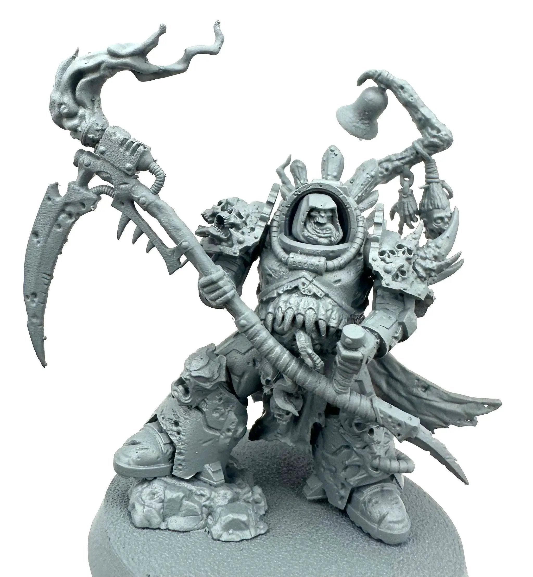 3D printed Plague Marine Lord of Pestilence model by Last Hope Miniatures, detailed with green and brown toxic armor, holding a weapon.