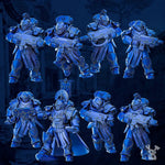 Three 3D printed Princeps Cohorte Squad models by Last Hope Miniatures, detailed sci-fi tabletop gaming miniatures by DakkaDakka.