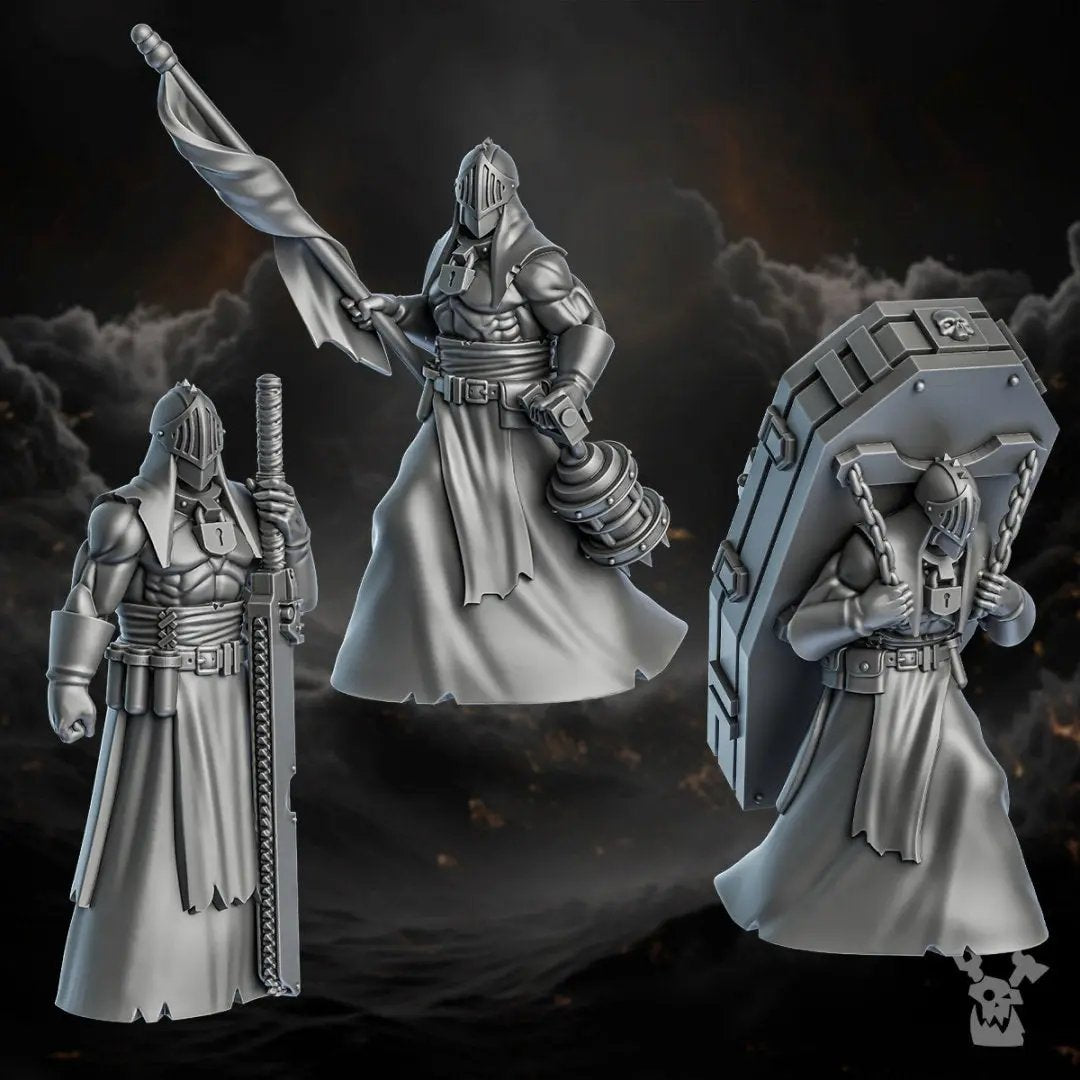 3D printed model of Processionals of the Order by DakkaDakka Miniatures, produced by Last Hope Miniatures, shown in detailed view.