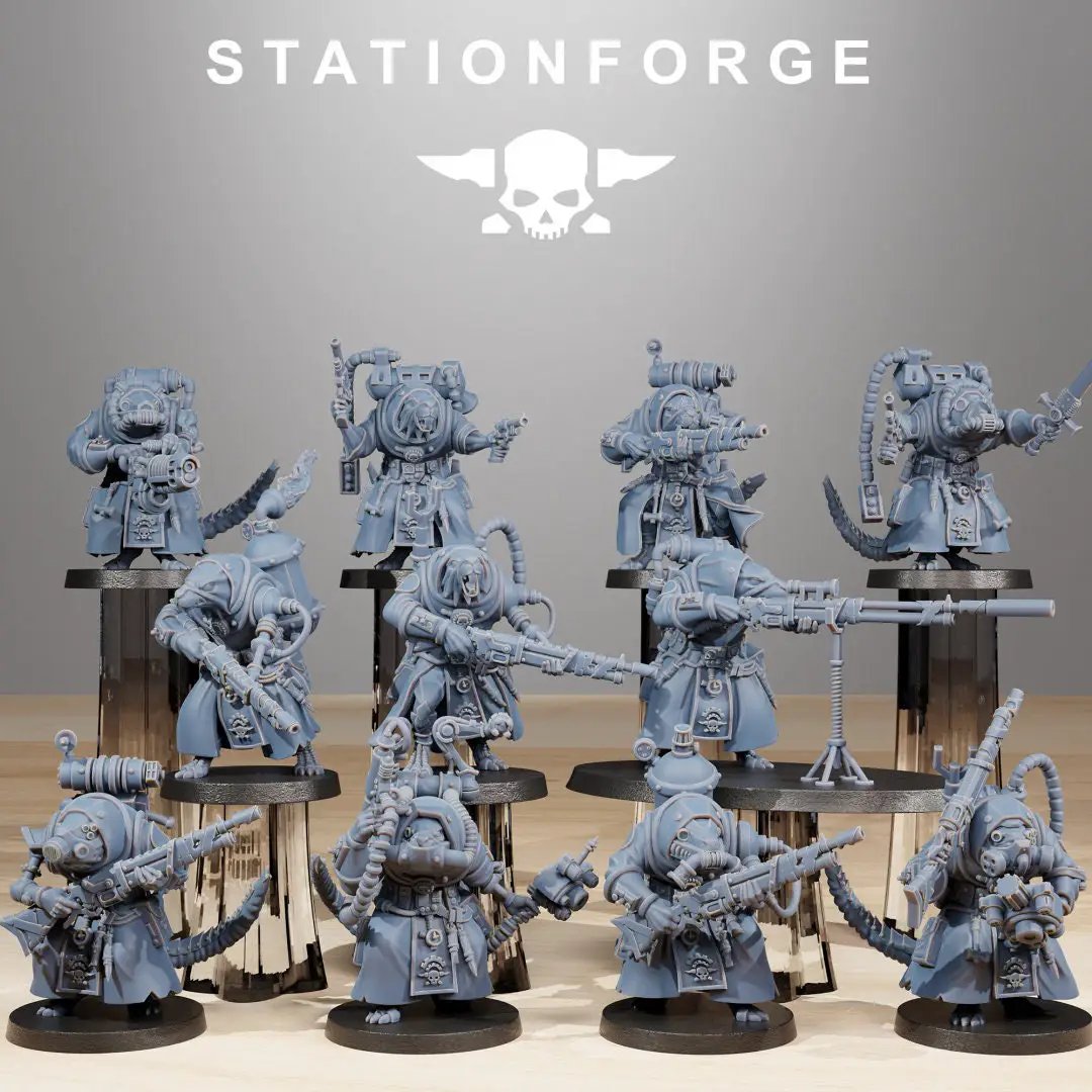 Set of ten 3D printed Raticus Grunts miniatures by StationForge, designed for tabletop gaming, featuring detailed rat-like models.