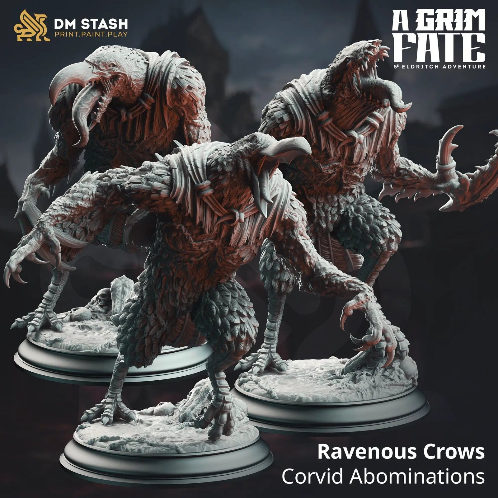 3D printed Ravenous Crows model by Last Hope Miniatures, featuring detailed crow figures in black with textured feathers.