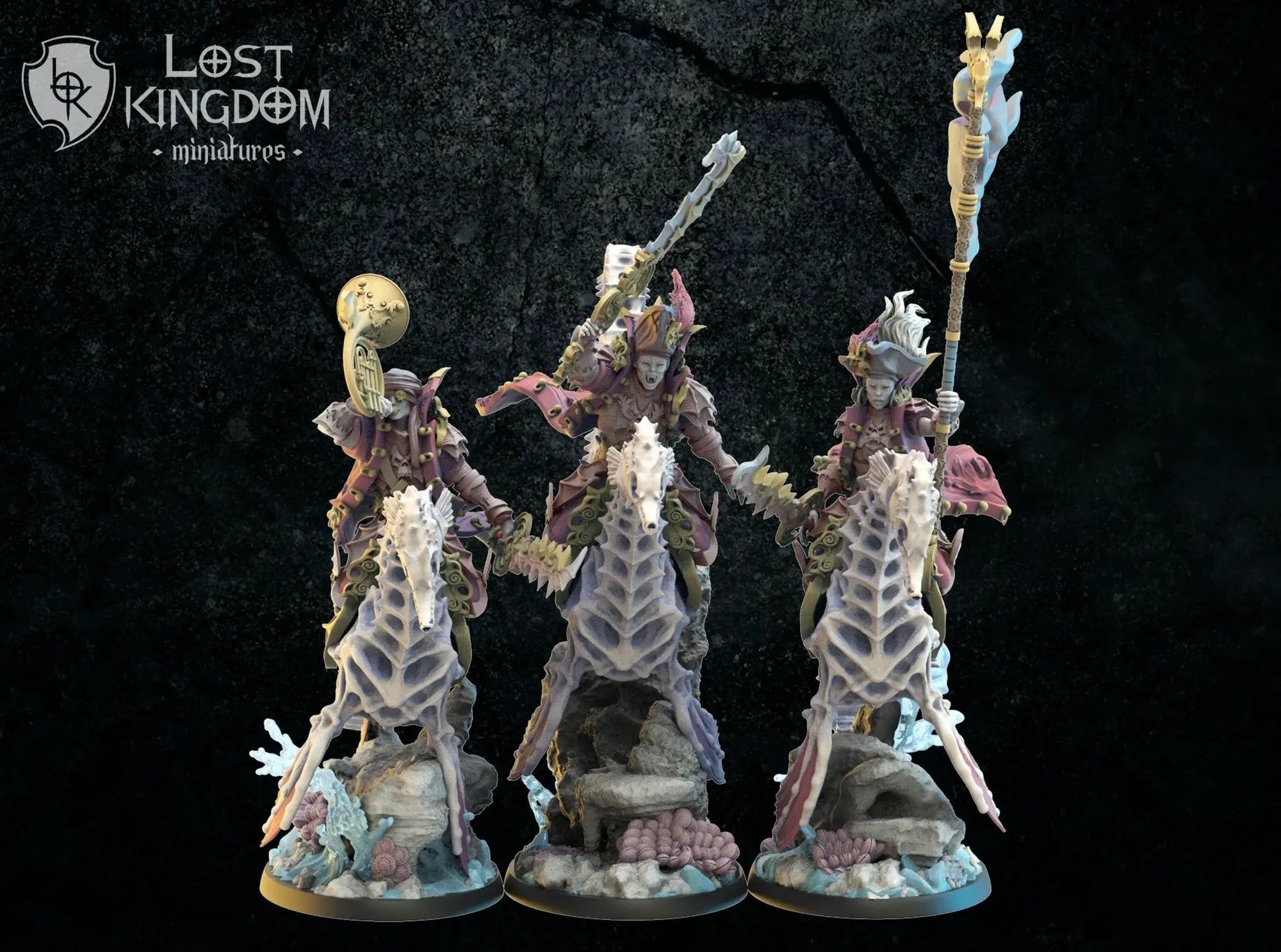 3D printed red Knights Command Group model by Lost Kingdom Miniatures, featuring detailed knight figures in armor.