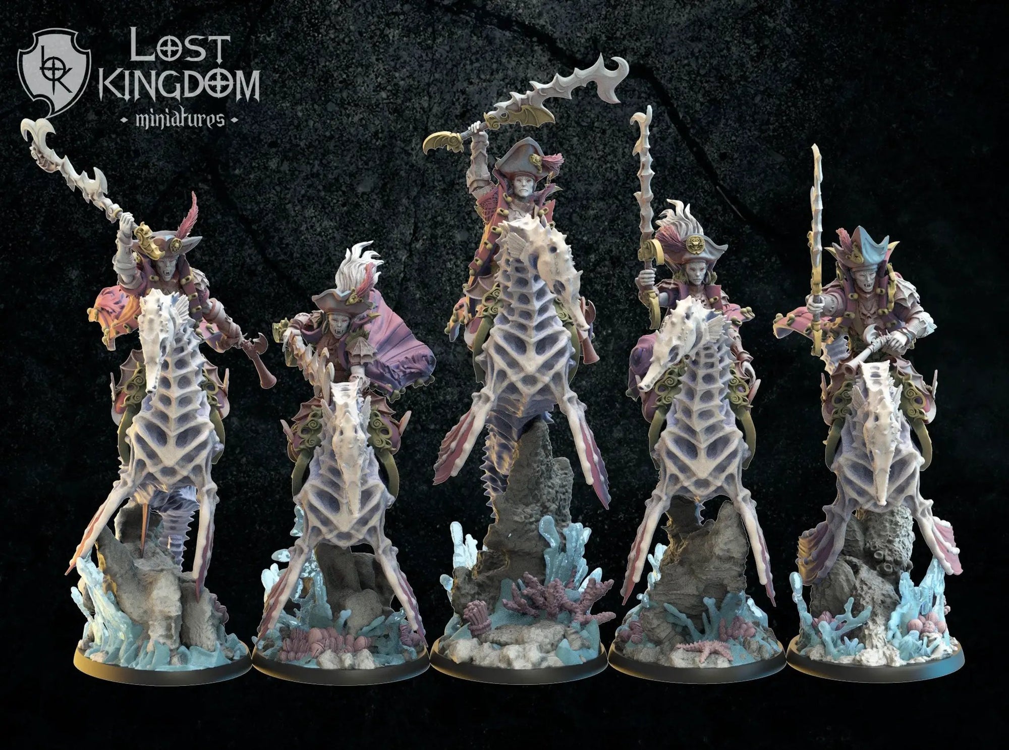 Set of five 3D printed red knight models by Lost Kingdom Miniatures, detailed fantasy miniature figures for tabletop gaming.