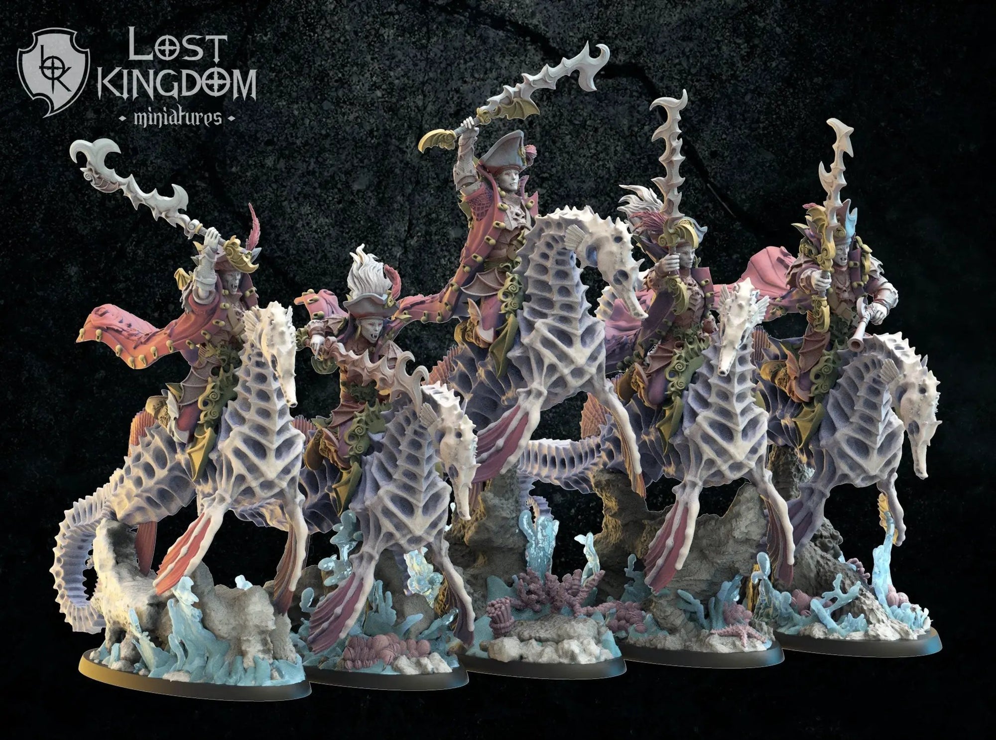 Set of five 3D printed red Knights models by Lost Kingdom Miniatures, detailed fantasy miniatures for tabletop gaming.