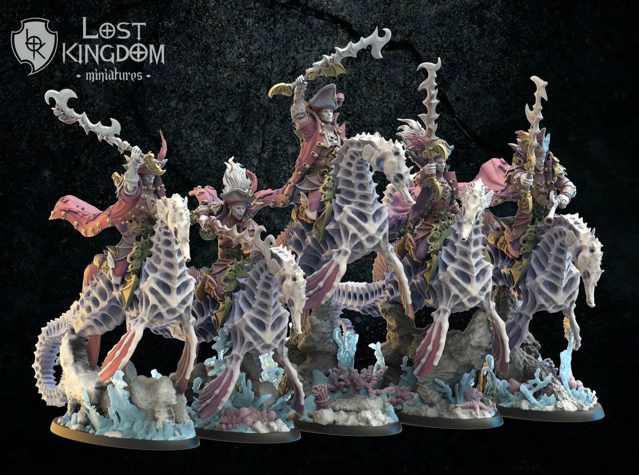 Set of five 3D printed red Knights models by Lost Kingdom Miniatures, detailed fantasy miniatures for tabletop gaming.