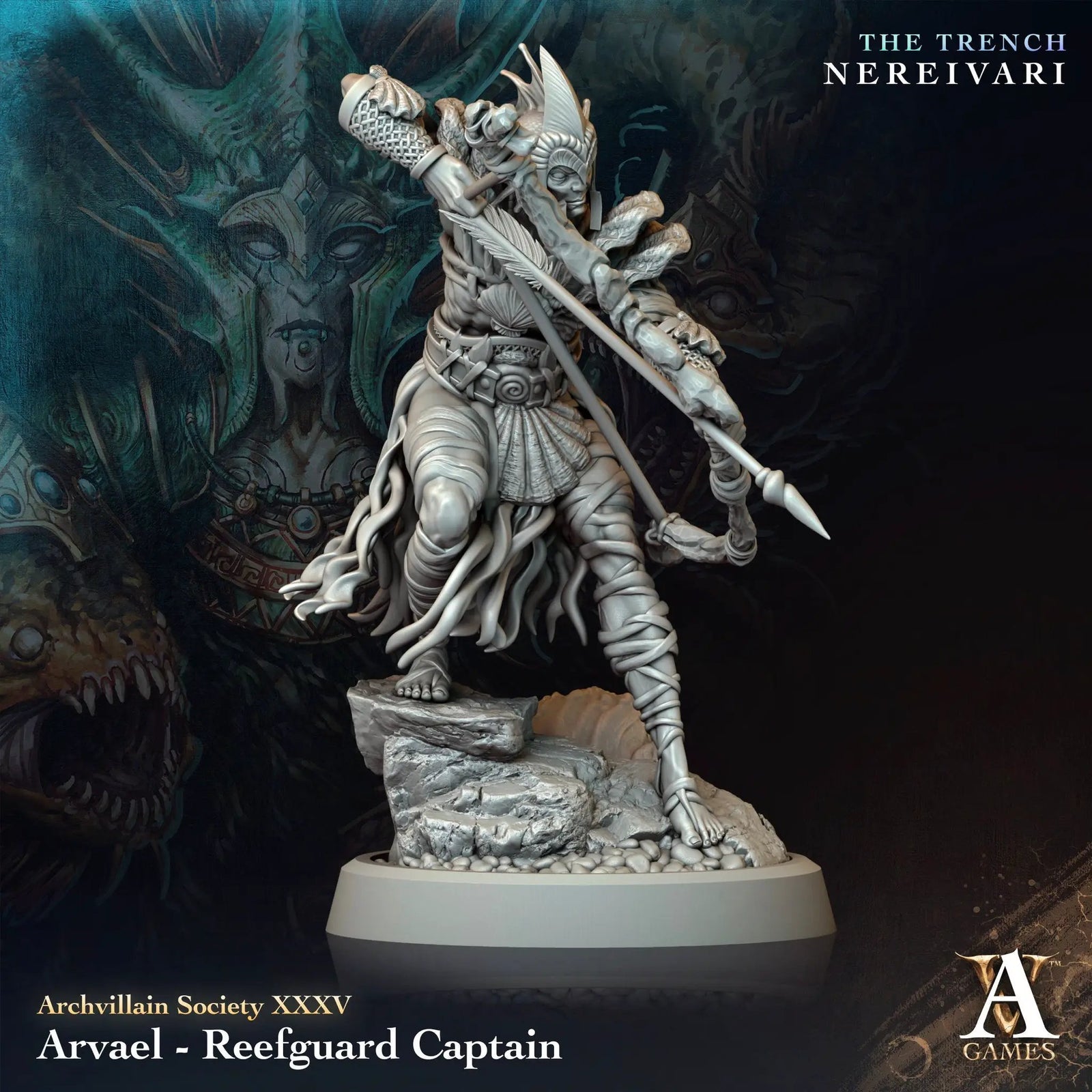 3D printed Reefguard Elf model by Last Hope Miniatures for Archvillain Games, detailed fantasy figurine with armor and weapon.
