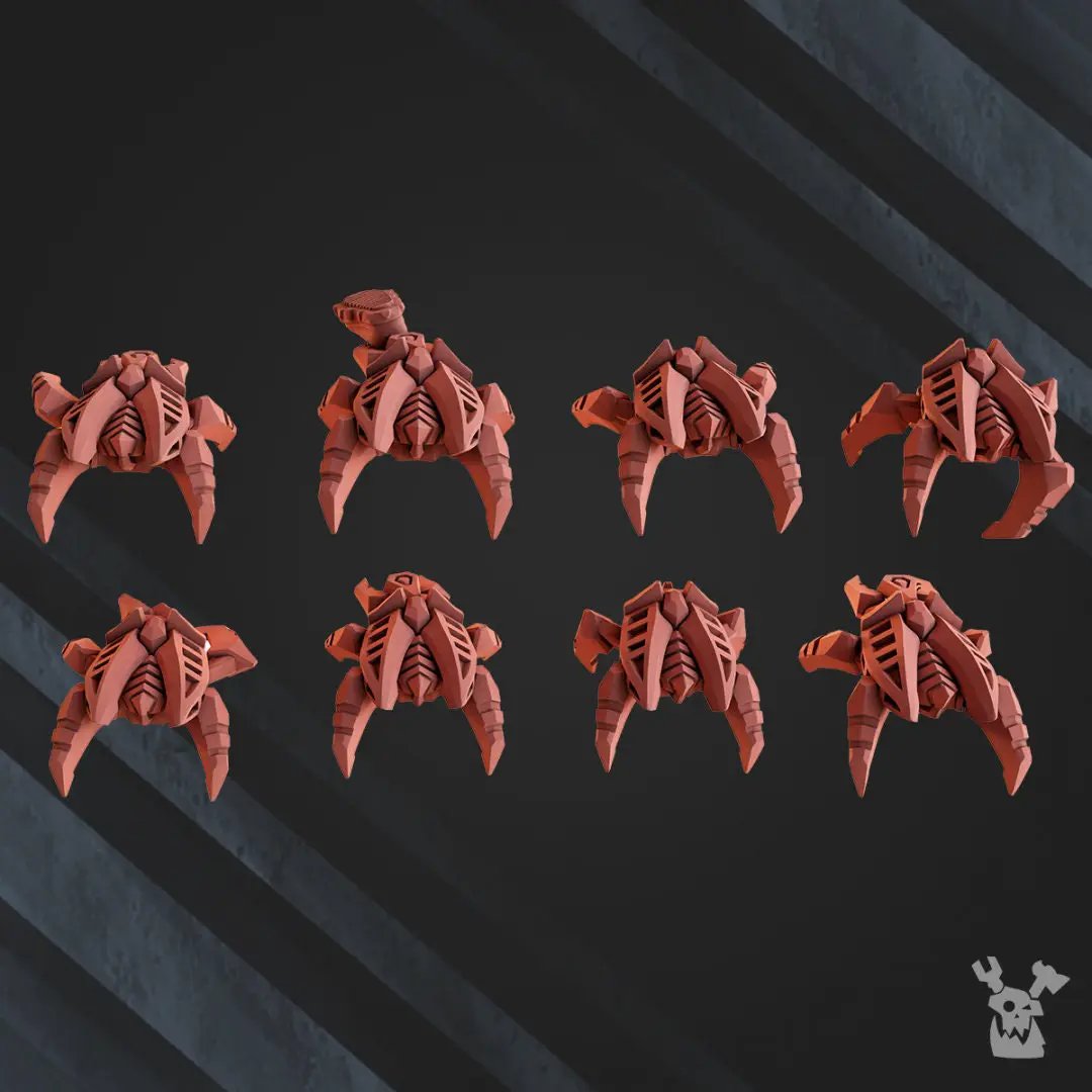 Three 3D printed robot legions model swarms by Last Hope Miniatures, featuring detailed mechanical robot designs in black and gray.
