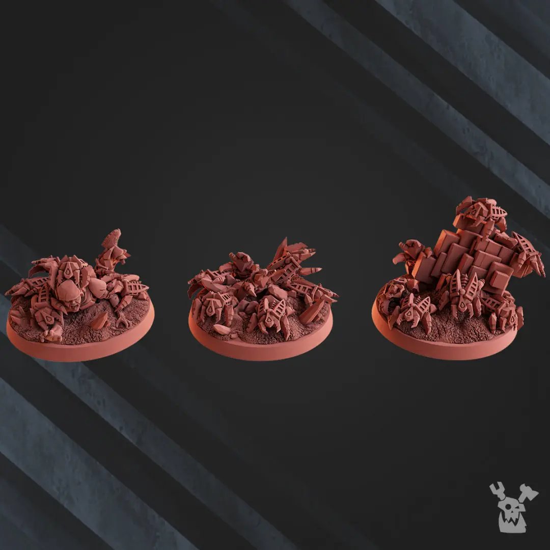 Three 3D printed robot legions model swarms by Last Hope Miniatures for DakkaDakka Miniatures, featuring detailed robotic figures.