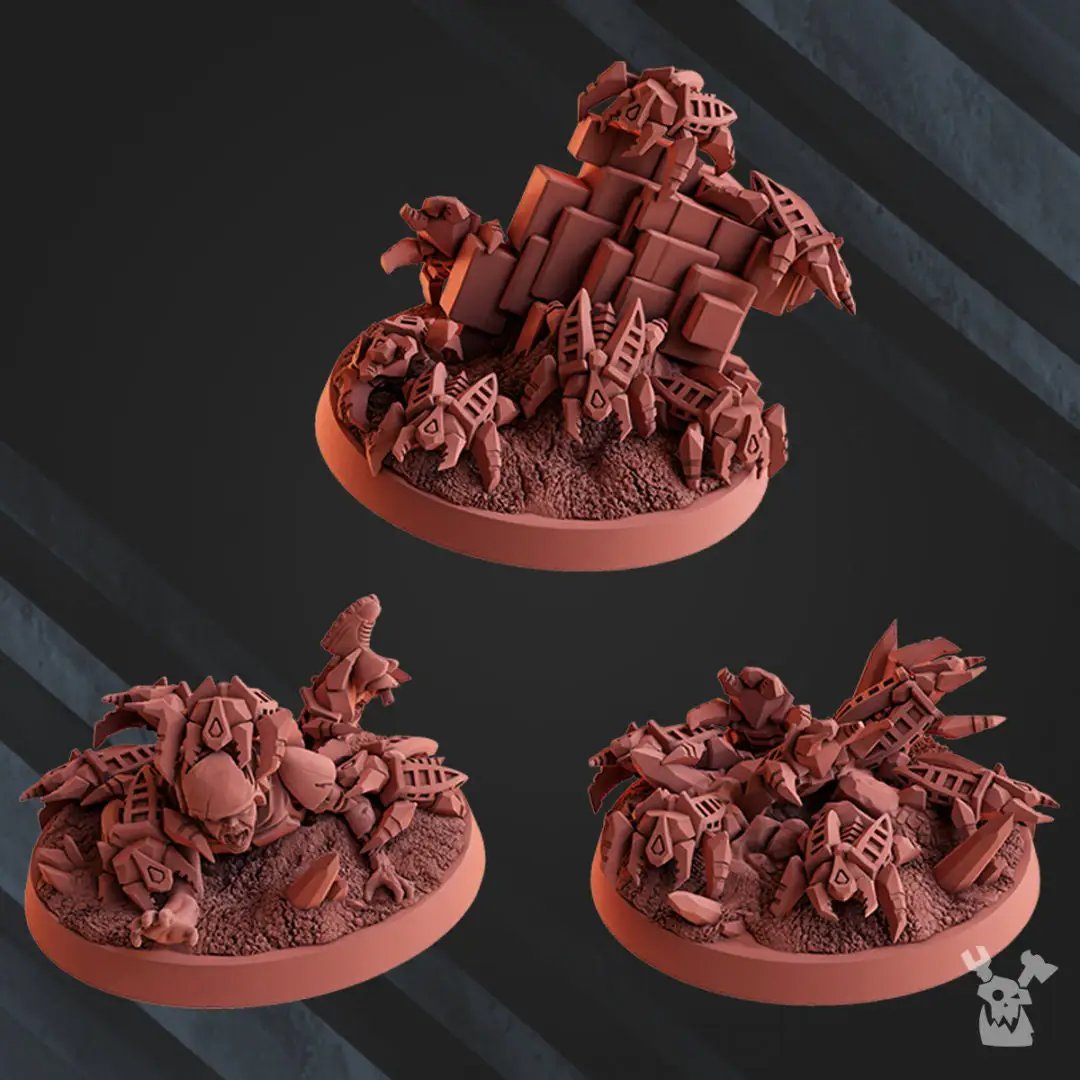 Three 3D-printed robot legions model swarms by DakkaDakka Miniatures, featuring detailed robotic figures for tabletop gaming.