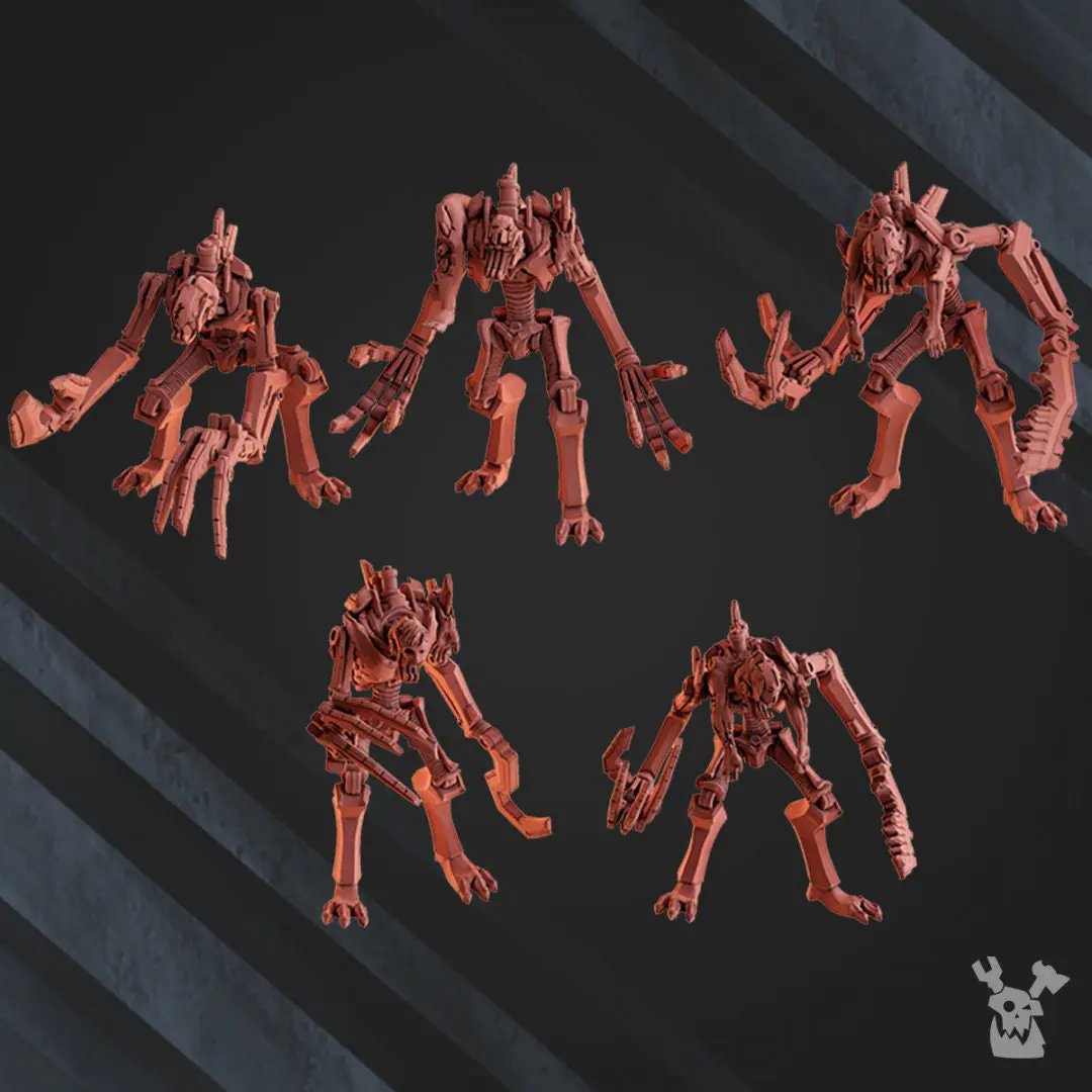 Set of five 3D printed Flesh Eaters robot legion models by Last Hope Miniatures for tabletop gaming.
