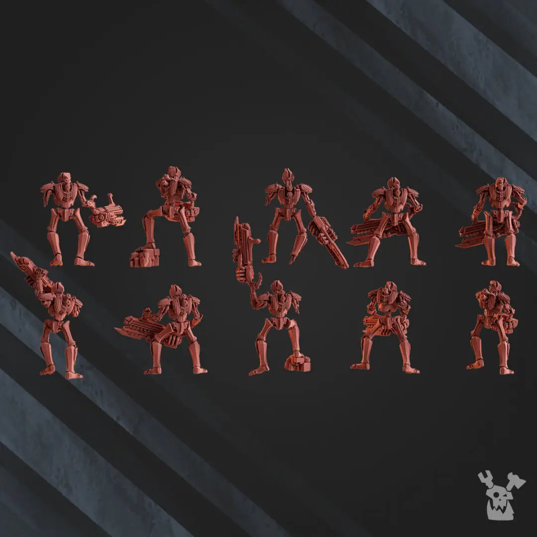 Set of 10 3D printed Robot Legions Infantry models by Last Hope Miniatures for DakkaDakka Miniatures, detailed sci-fi tabletop gaming figures.