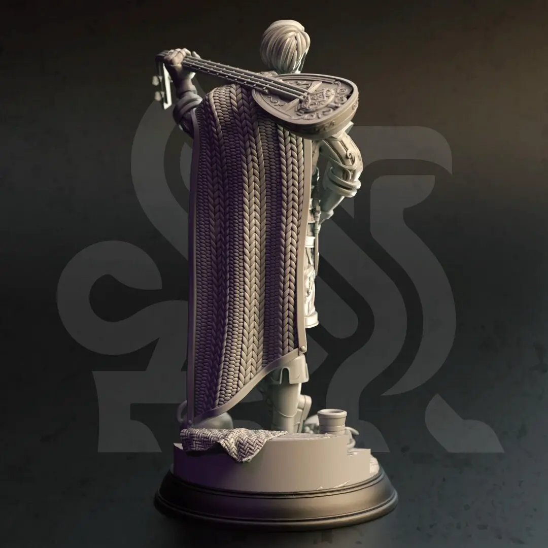 3D printed Rogue Elven Bard model by Last Hope Miniatures, detailed fantasy figure standing with lute and elegant attire.
