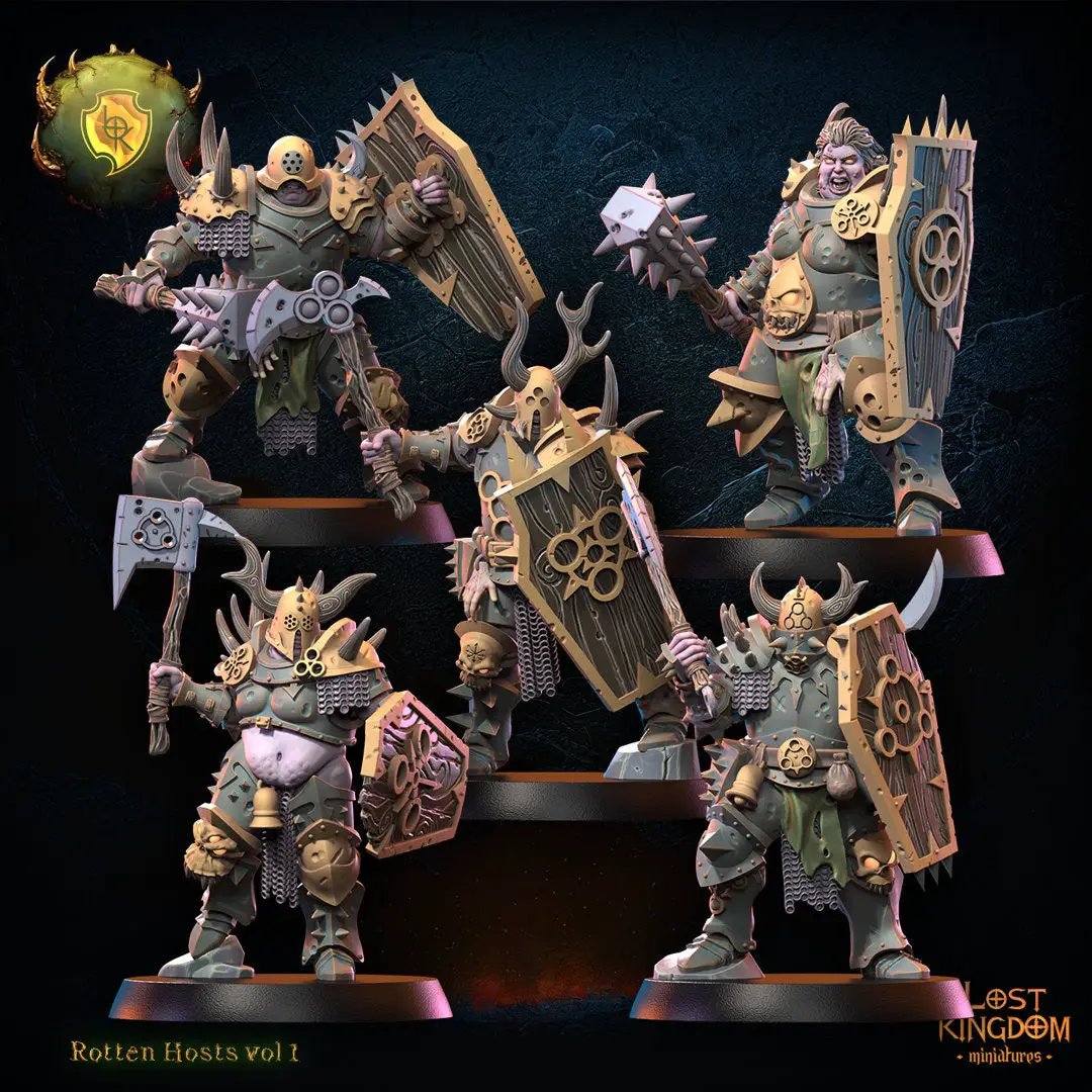 Set of ten 3D printed Rotten Knights models by Lost Kingdom Miniatures, detailed fantasy tabletop miniatures.
