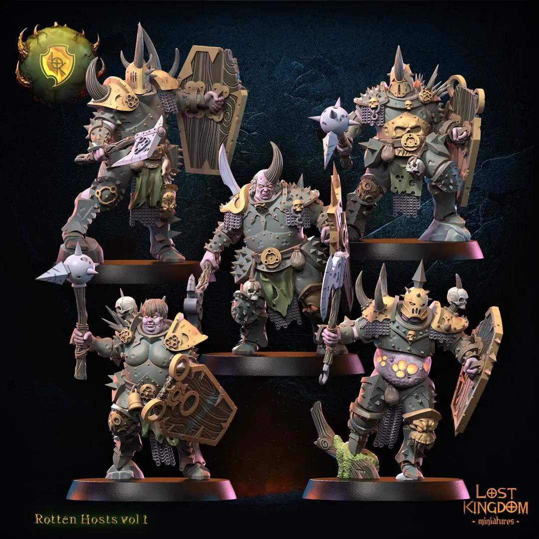 Ten 3D printed Rotten Knights miniatures by Lost Kingdom Miniatures, detailed models for tabletop gaming, displayed on a flat surface.