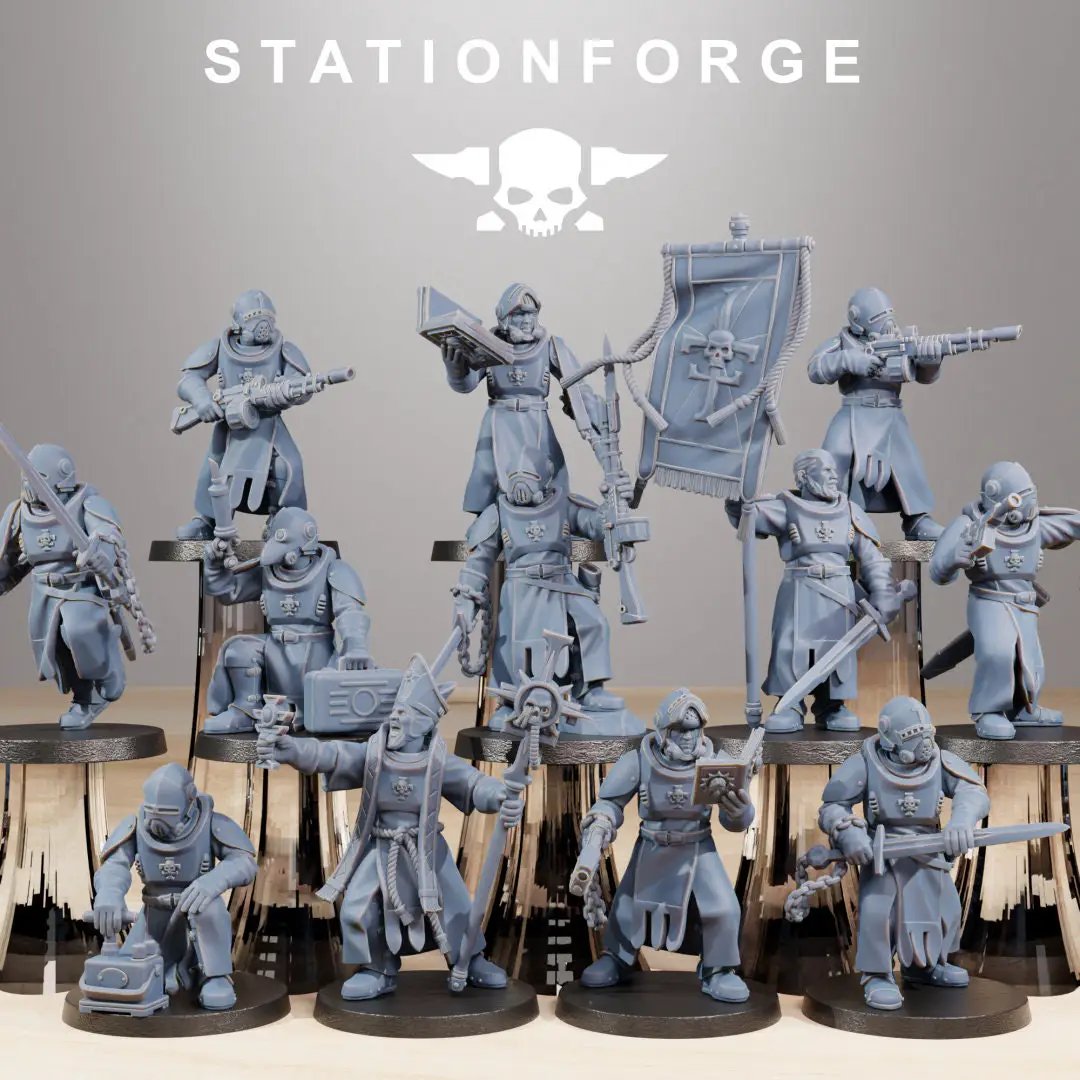 Ten 3D printed Royal Guard Templar models by StationForge Miniatures, detailed medieval knight figures for tabletop gaming.
