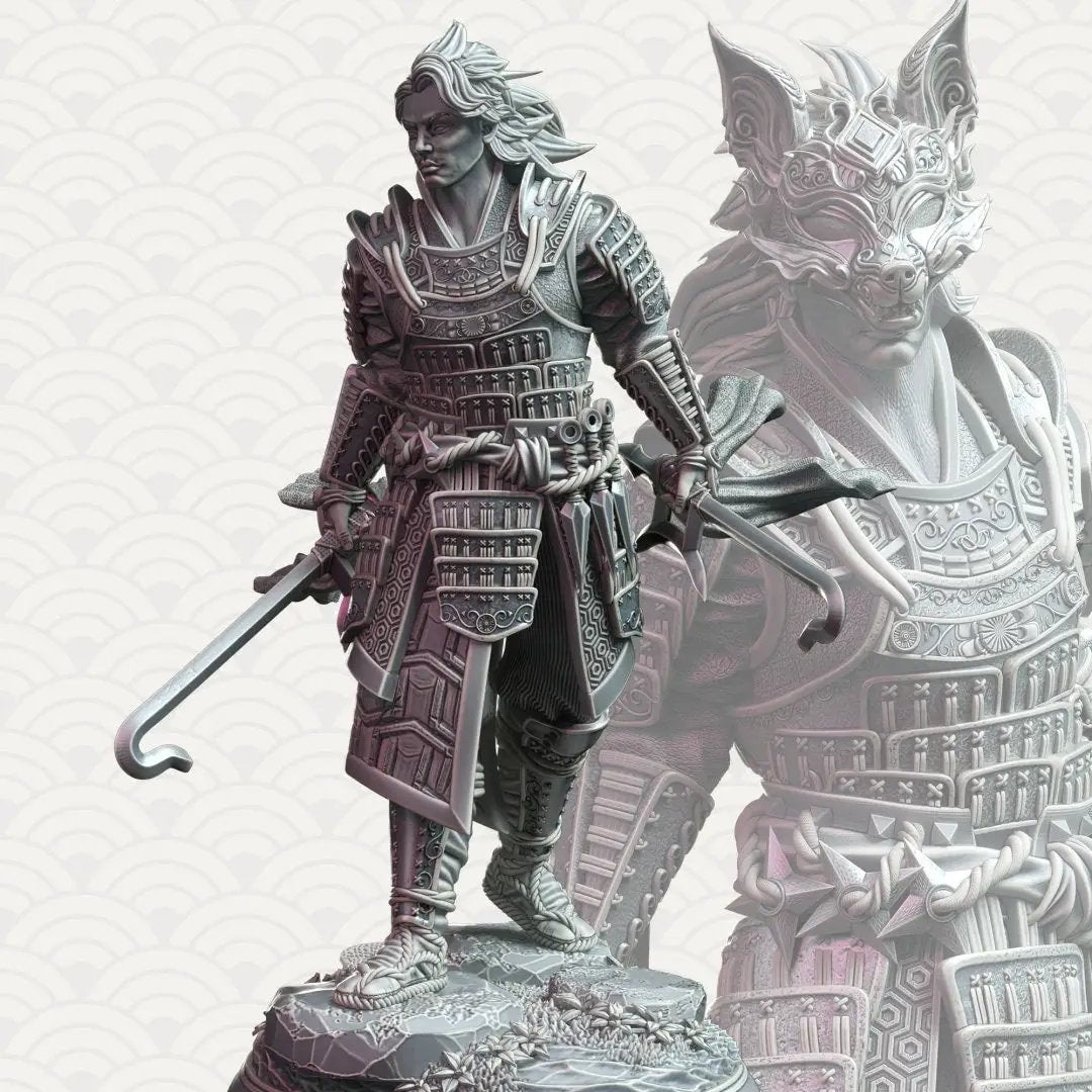 3D printed Samurai of the Fox model by Last Hope Miniatures, featuring intricate details and dynamic pose in a fantasy style.