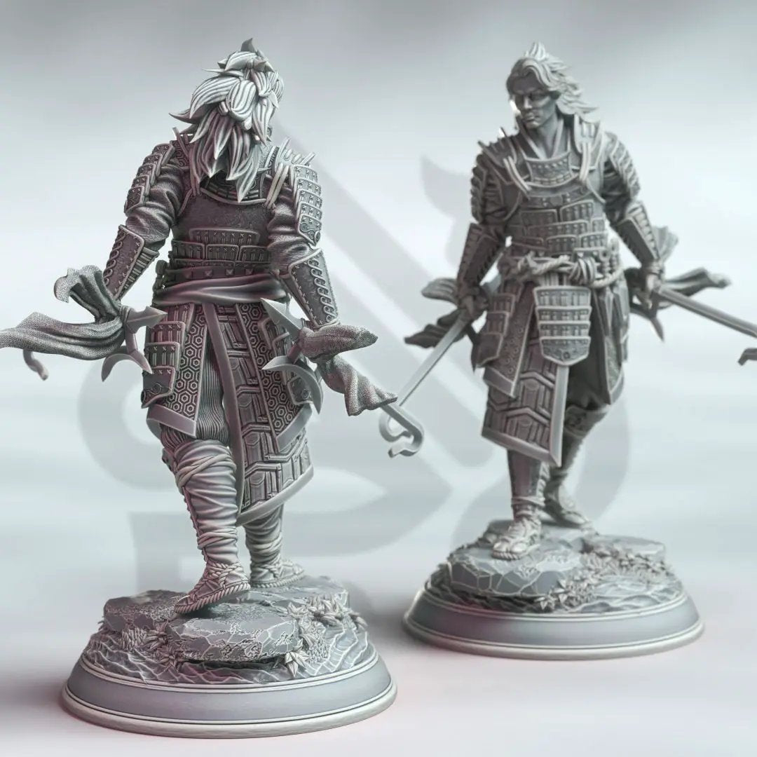 3D printed Samurai of the Fox model by Last Hope Miniatures, featuring intricate details and a dynamic pose.