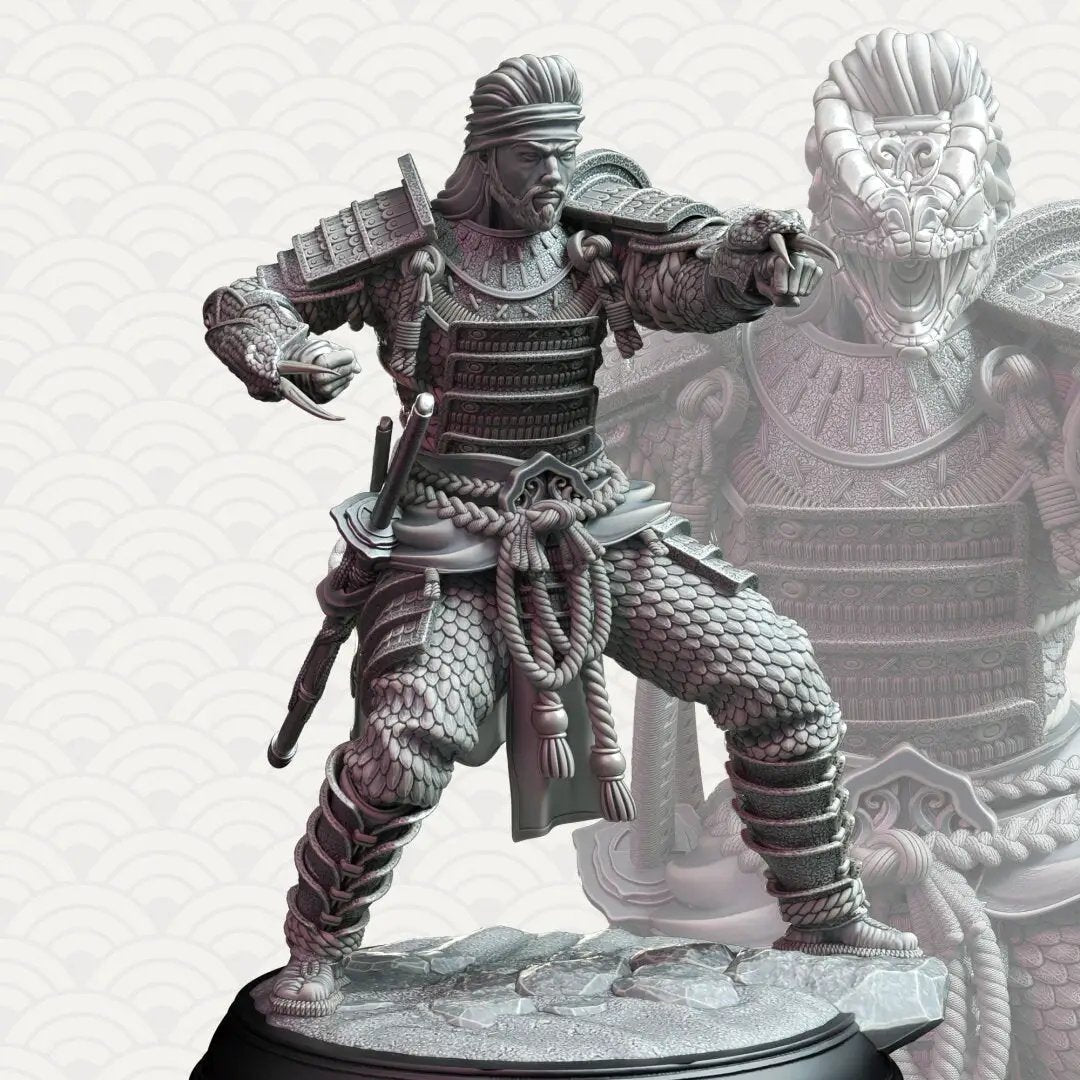 3D printed Samurai of the Serpent model by Last Hope Miniatures, featuring intricate details of a samurai warrior with serpent motifs.