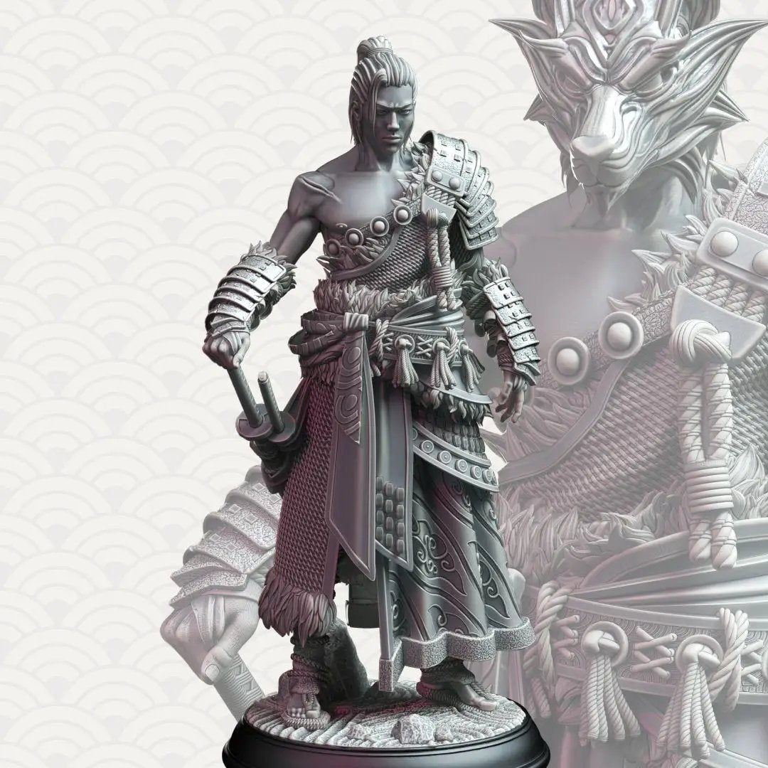 3D printed Samurai of the Wolf model by Last Hope Miniatures, featuring intricate armor and fierce wolf-themed details.