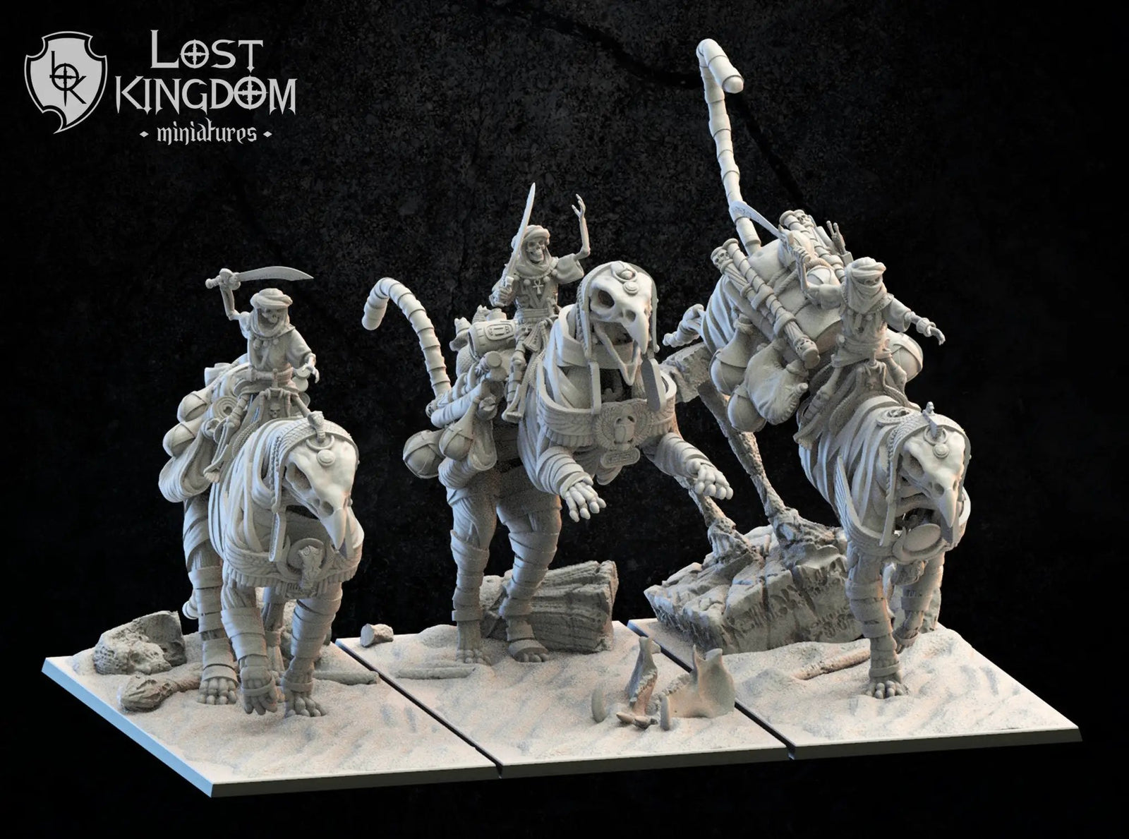 Three 3D printed Sand Bedouins miniature models by Lost Kingdom Miniatures, designed for tabletop gaming and display.