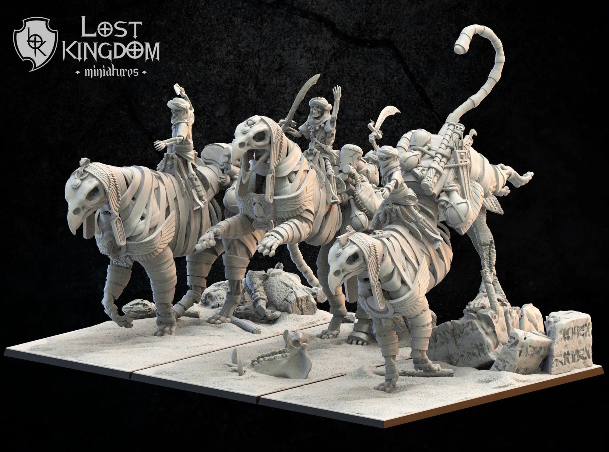Three 3D-printed Sand Bedouins models by Lost Kingdom Miniatures, detailed miniatures for tabletop gaming and collection.