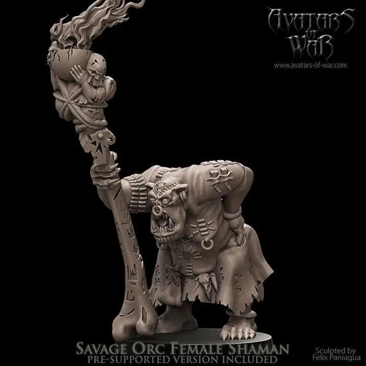 3D printed Savage Orc Shaman model by Last Hope Miniatures for Avatars of War, showcasing intricate orc shaman details and vibrant paintwork.