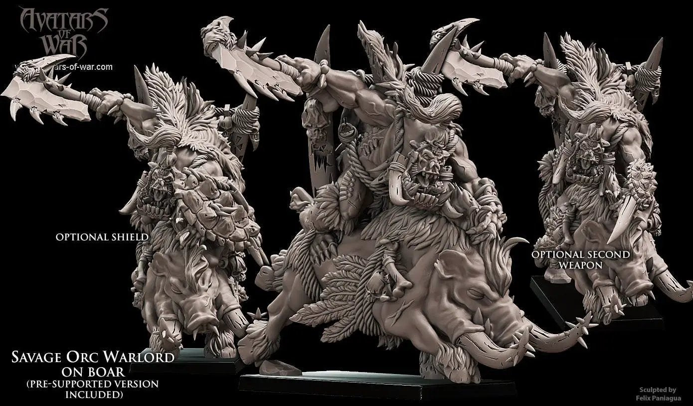 3D printed Savage Orc Warlord on Warboar model by Last Hope Miniatures, featuring detailed orc warrior riding a warboar.
