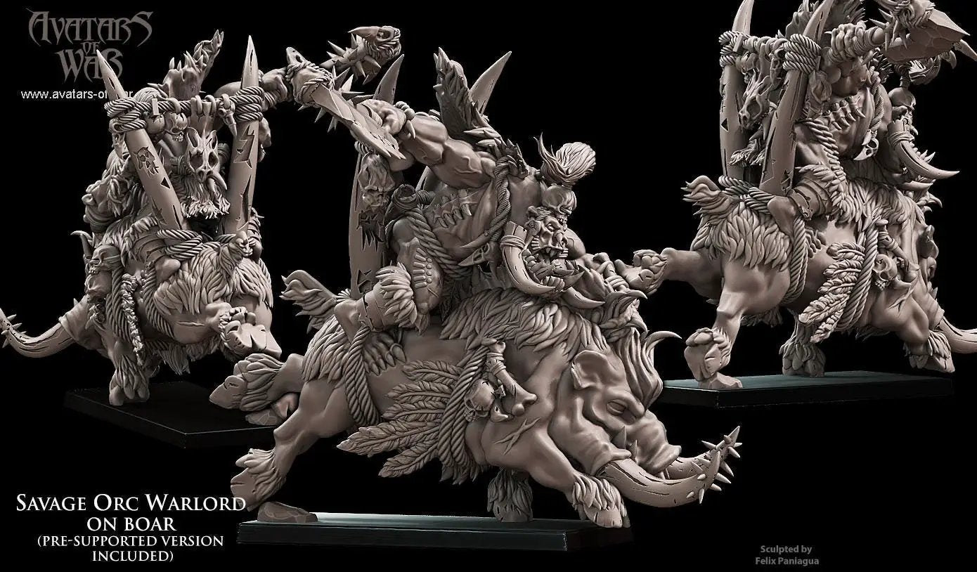 3D printed Savage Orc Warlord on Warboar model by Last Hope Miniatures, featuring detailed orc warrior riding a warboar.