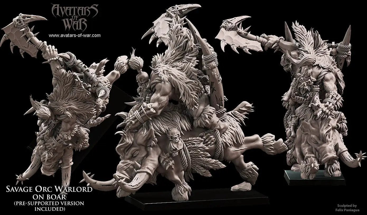 3D printed Savage Orc Warlord on Warboar model by Last Hope Miniatures, detailed orc figure with warboar mount.