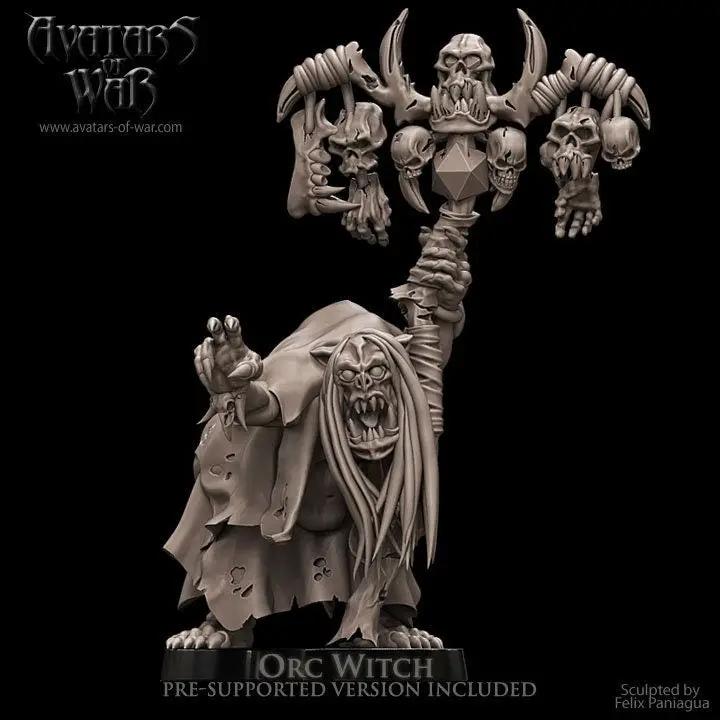 3D printed Savage Orc Witch model by Last Hope Miniatures, featuring detailed orc figure with weapon and mystical accessories.