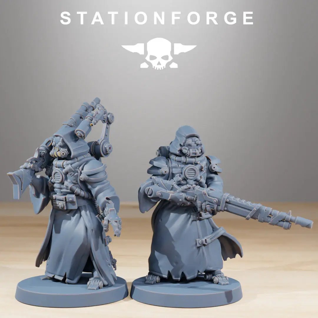 Ten 3D printed scavenger cyborg miniature models by Last Hope Miniatures, featuring detailed robotic and scavenger design.
