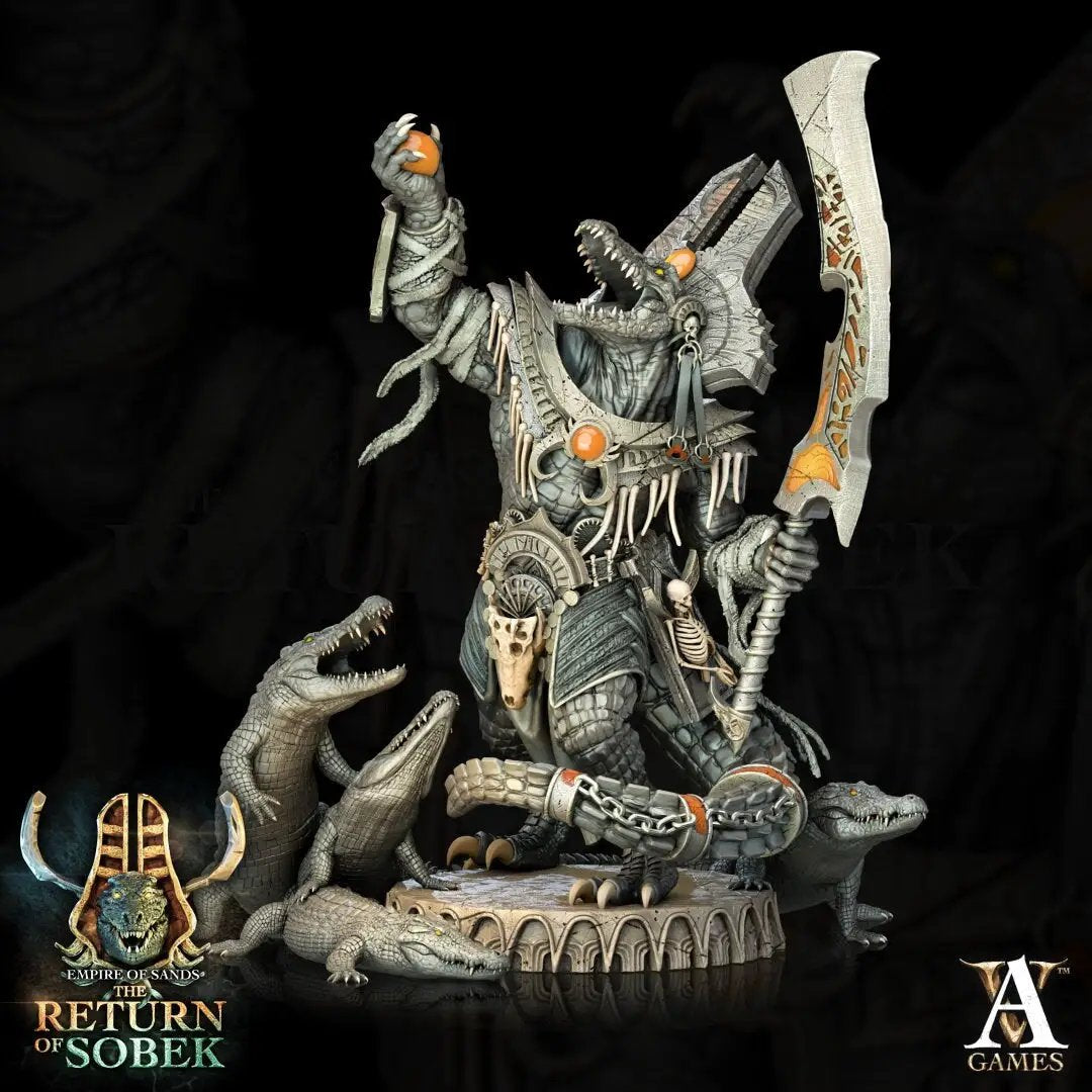 3D printed Sobek model by Archvillain Games, sculpted by Last Hope Miniatures, featuring intricate details of the ancient Egyptian crocodile deity.